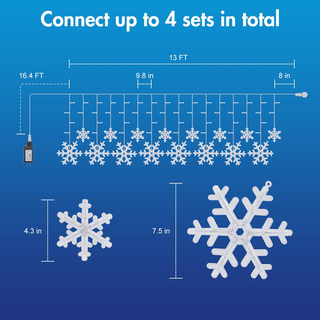 Minetom Christmas Snowflake Lights - 13ft 192LED Snowflake Icicle Lights with 16 Drops, 8 Modes and Timer, IP65 Waterproof Connectable Christmas Lights for House Eave Window Indoor Outdoor Decoration