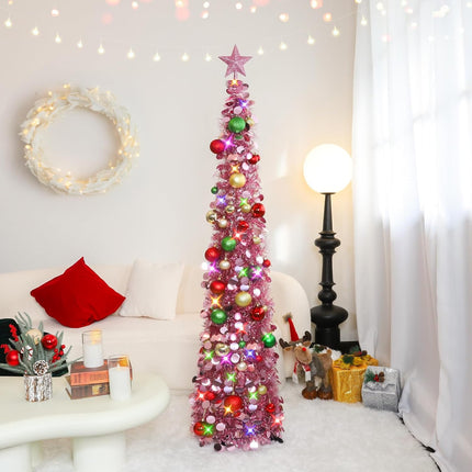 N&T NIETING Pop Up Christmas Tree with Lights & 30 Balls, 5Ft Collapsible Rose Gold Tinsel Christmas Tree Decorations, Pencil Christmas Tree Skinny Christmas Tree for Holiday Xmas Home Office Decor