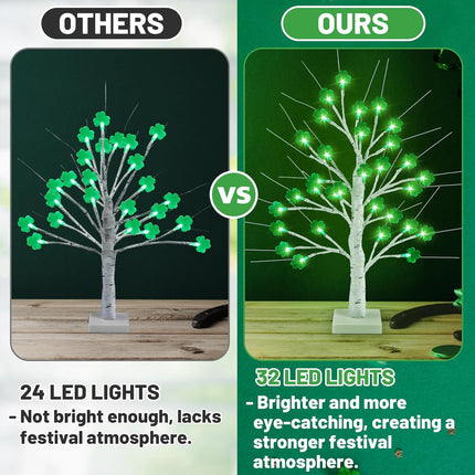St. Patrick's Day Lighted Birch Tree with Timer, 32 LED Green Shamrock Artificial Tree, Branches Ornaments for Irish Home Party Decorations - USB & Battery Operated