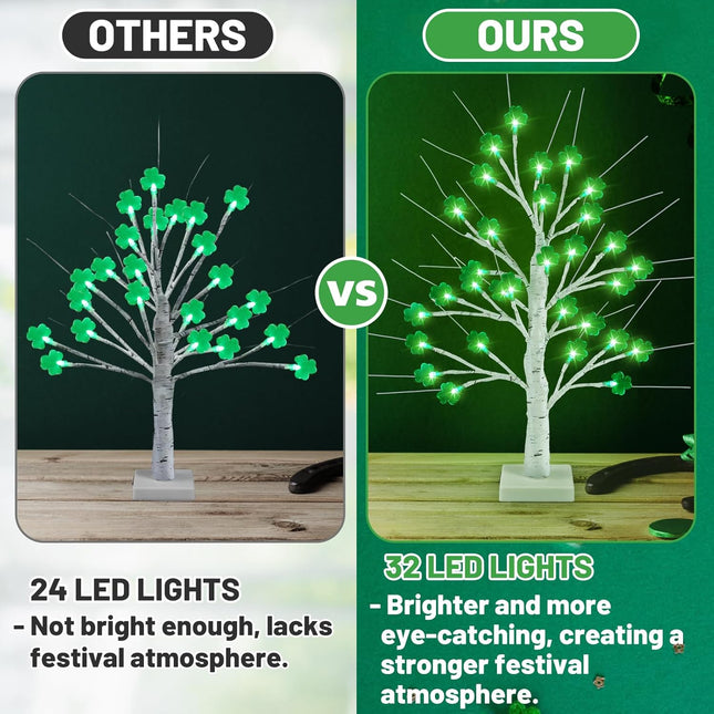 St. Patrick's Day Lighted Birch Tree with Timer, 32 LED Green Shamrock Artificial Tree, Branches Ornaments for Irish Home Party Decorations - USB & Battery Operated