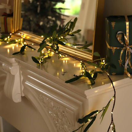 Olive Garland with Lights 6FT 96 LED Fairy Lights Battery Operated with Timer, Faux Vine with Lights for Decoration Inside Outside Christmas Valentines Wedding