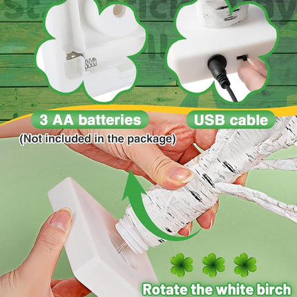 St. Patrick's Day Lighted Birch Tree with Timer, 32 LED Green Shamrock Artificial Tree, Branches Ornaments for Irish Home Party Decorations - USB & Battery Operated