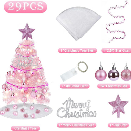 Artificial Mini Christmas Tree, 2ft Small Christmas Tree with Lights, Tabletop Artificial Xmas Tree with Christmas Balls, Pink Tabletop Christmas Tree for Christmas Decorations