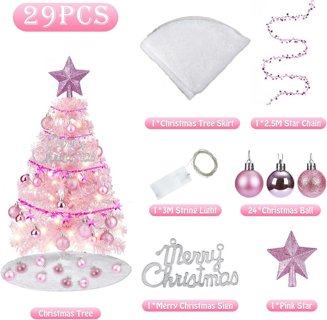 Artificial Mini Christmas Tree, 2ft Small Christmas Tree with Lights, Tabletop Artificial Xmas Tree with Christmas Balls, Pink Tabletop Christmas Tree for Christmas Decorations