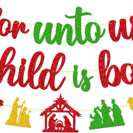 Merry Christmas Decoration For Unto Us A Child is Born Sign Banner Nativity Garland Decor Let Jesus Light Yours Way God Xmas Bible Religious Holiday Year theme Party Event Anniversary Celebration