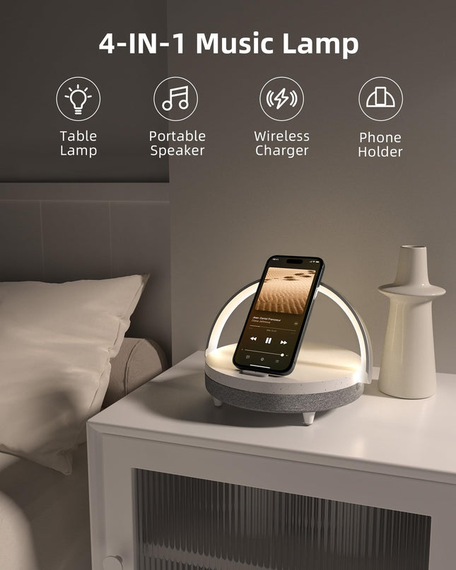 EZVALO for Her, Music Table Lamp with Wireless Charger, 4 in 1 Touch Bedside Lamp, Portable Bluetooth Speaker, Phone Holder, Dimmable LED Night Light Birthday s for Women, Men, Dad, Mom