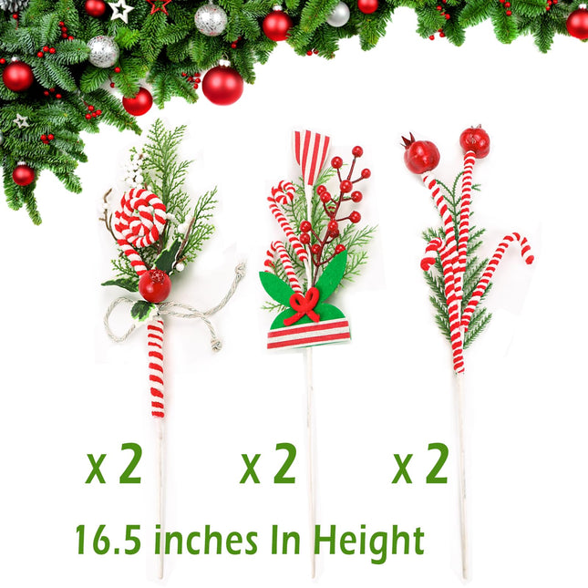 6pcs Christmas Tree Picks Decorations, Red White Green Candy Canes Berry Tree Picks for Christmas Tree Fillers, Grinchmas Christmas Tree Ornaments, Peppermint Sticks Floral Stems