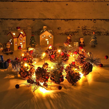 Christmas Garland with Lights,Red Berry Pine Cone Garland,6.56FT 20 LED Battery Operated Christma Garland String Lights,Xmas Decor for Home Table Fireplace Mantel Christmas Decorations