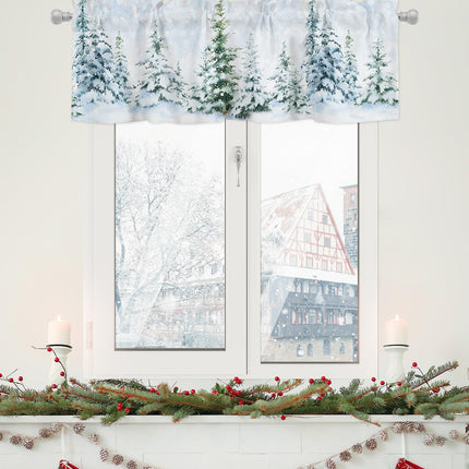 Christmas Valances for Windows Pine Tree Forest Christmas Kitchen Curtain Valances Rod Pocket Winter Snow Window Curtain Treatment Short Topper Curtains Seasonal Valance Christmas Decor, 42x12 Inch
