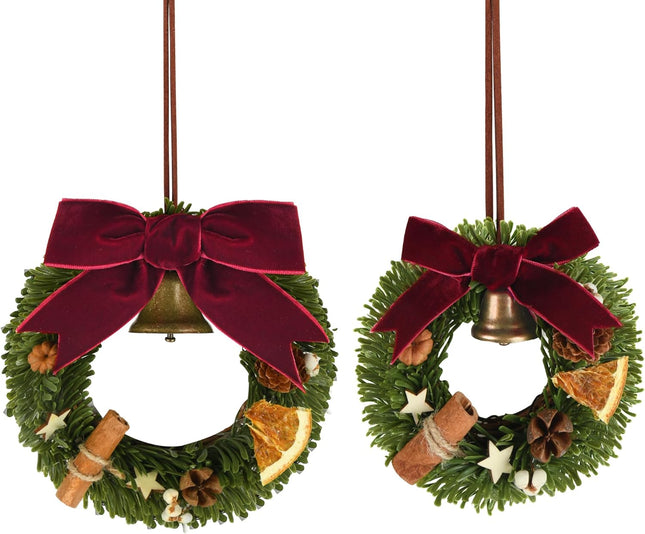 2 Pcs of Mini Christmas Wreath with Small Bell for Front Door, Windows, Home Decor, Farmhouse Christmas Decor, Car and Cabinet Decor, Miniature Crafts Dollhouse and Christmas Tree Decorations