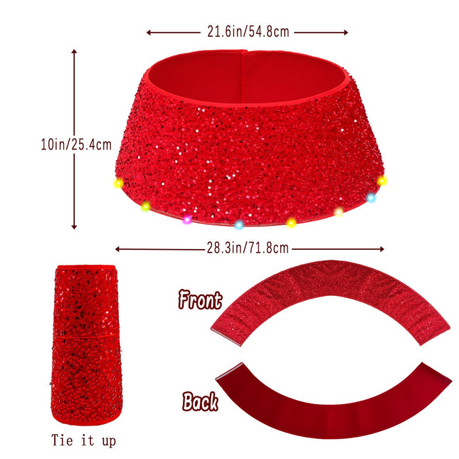 Christmas Tree Skirts Christmas Tree Bottom Cover Decoration with 8 Light Modes 30 LED Lights 28.3Inch Red Sequin Christmas Tree Collar Colored Light for Holiday Decoration Party