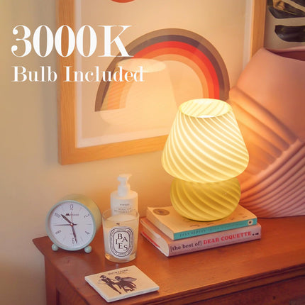 O ISH Mushroom Lamp-Small Bedside Table Lamp with Striped Glass, Nightstand Night Light for Bedroom Living Room, 3000K 6.5W Bulb Included, for Christmas Day, Creamy Yellow