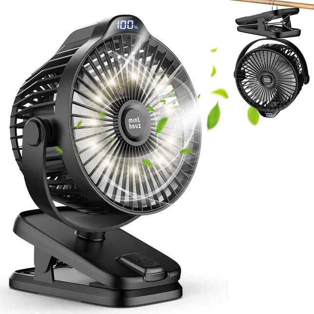 Minthouz Battery Operated Clip On Fan 8000Mah Rechargeable Portable Fan With Led Digital Display, 720° Rotation Small Desk Fan