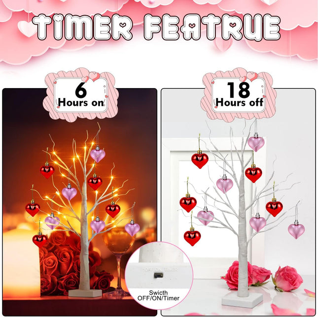 Remon Valentine 2Ft Birch Tree Light, 24 LED White Birch Tree Battery Powered Timer, Artificial Valentine Tree Included Set of 10 Valentine's Day Heart Ornaments for Table Center Decor Home Indoor