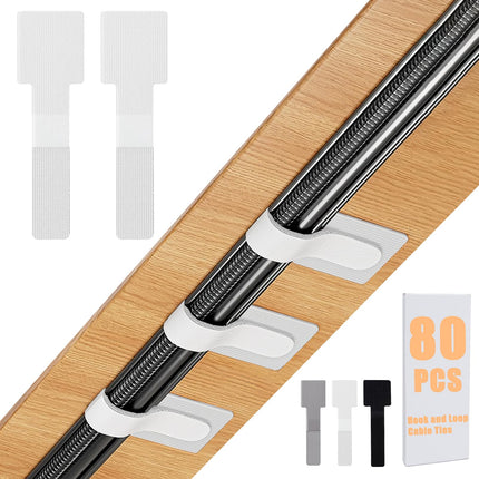 Hook and Loop Cable Management Under Desk, 80PCS Self Adhesive Cable Ties, Reusable Wire Organizers for Cords, Hooks for Outdoor String Lights, Christmas Light Clips (White)