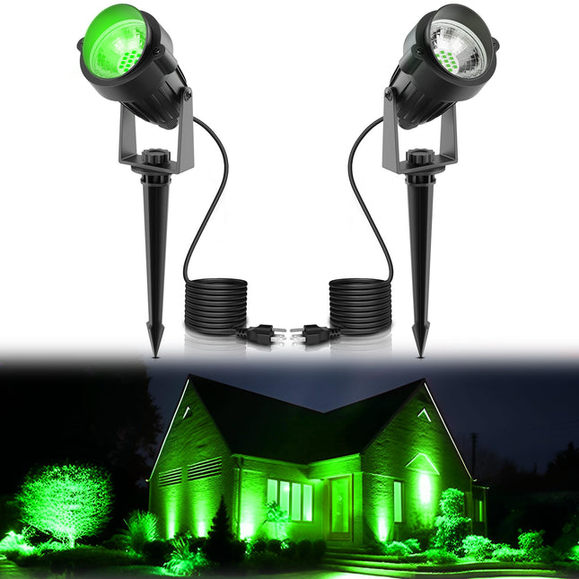 LOHAS Green Spotlight Outdoor, Green LED Spot Lights for Yard, Auto On/Off 5W 120V Landscape Lighting for House, Holiday, Trees, Decoration, 450LM IP66 Waterproof, UL Listed, 2 Pack