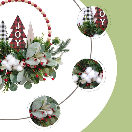 16” Welcome Wreaths for Front Door Wooden Beads Christmas Decoration Wreath with Lamb's Leaves Pine Needles Cotton Farmhouse Welcome Sign for Walls, Farmhouses, Holiday Party, Indoor Decorations