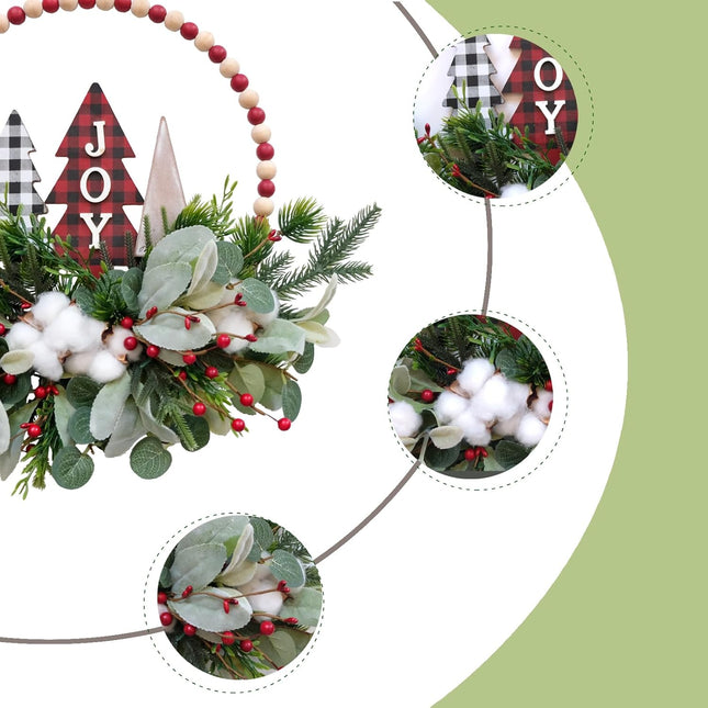16” Welcome Wreaths for Front Door Wooden Beads Christmas Decoration Wreath with Lamb's Leaves Pine Needles Cotton Farmhouse Welcome Sign for Walls, Farmhouses, Holiday Party, Indoor Decorations