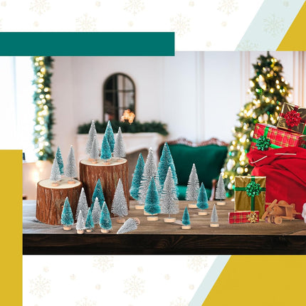 Geetery 100 Pcs Mini Christmas Trees Mini Sisal Snow Frost Trees with Wood Base Bottle Brush Trees 5 Sizes Plastic Winter Snow Ornaments Tabletop Trees for Christmas Decoration and Display
