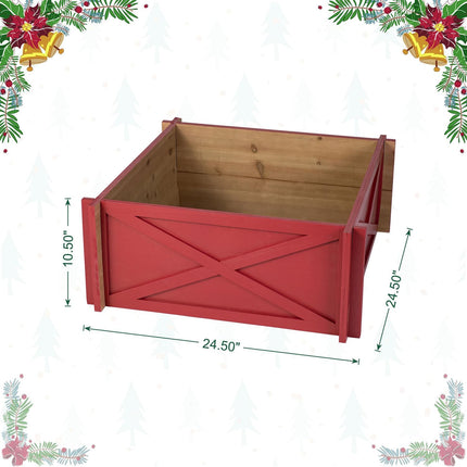 Glitzhome 24.5" L Farmhouse Handcrafted Wooden Tree Collar Tree Base Cover Decorative Christmas Tree Skirt Tree Box, Red