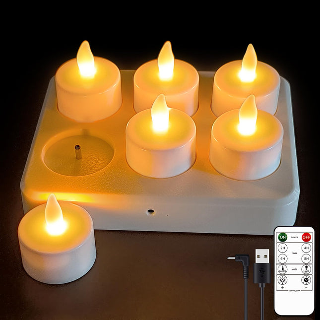 Rechargeable Tea Lights Flameless Candles,Flickering Votive Candle with Remote Timer,Battery Operated LED Tea Lights Candles,Halloween,Christmas,Home,Wedding,Table Decoration 6P