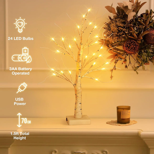 Jcocylse 22.8" Lighted Birch Tree for Christmas Decor, Artificial Christmas Tree with 24 LED Lights,Tabletop Tree Lamp with Lights for Christmas Decorations Indoor Home Bedroom Party