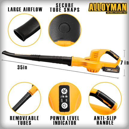 Alloyman Leaf Blower, 20V Cordless Leaf Blower, One-Button Start Leaf Blower Battery Powered, with 2.0Ah Battery & Charger, Electric Leaf Blower for Yard Cleaning/Snow Blowing