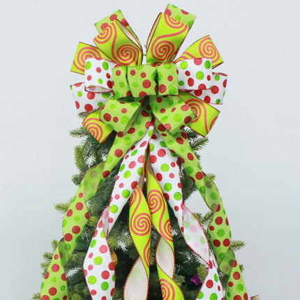 Christmas Tree Topper Wreath Bow Handmade Large Green Christmas Bow Tree Topper, 44"x13" Red Green Dot Bow for Xmas Ornament Holiday Home Decor