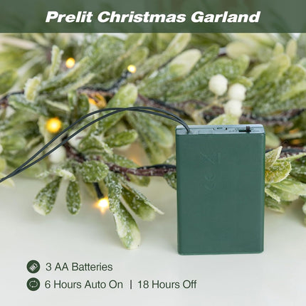 Ethlomoer 6.6FT Pre-lit Christmas Garland with 20 LED Lights, Battery Operated, Flocked Olive Lighted Garland with Snowflakes for Mantle Stairs Wall, Indoor&Outdoor, Greenery Garland for Christmas Dec