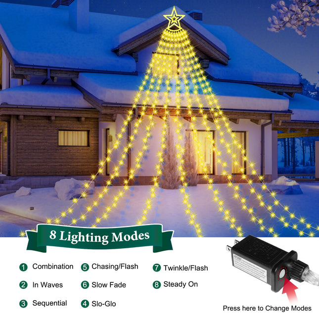 Christmas Decorations Star String Lights, 350 LED 12.6ft Outdoor Christmas Tree Lights with Topper Star, 8 Lighting Modes & Timer Waterproof Fairy Twinkle Lights for Xmas Year Party Holiday