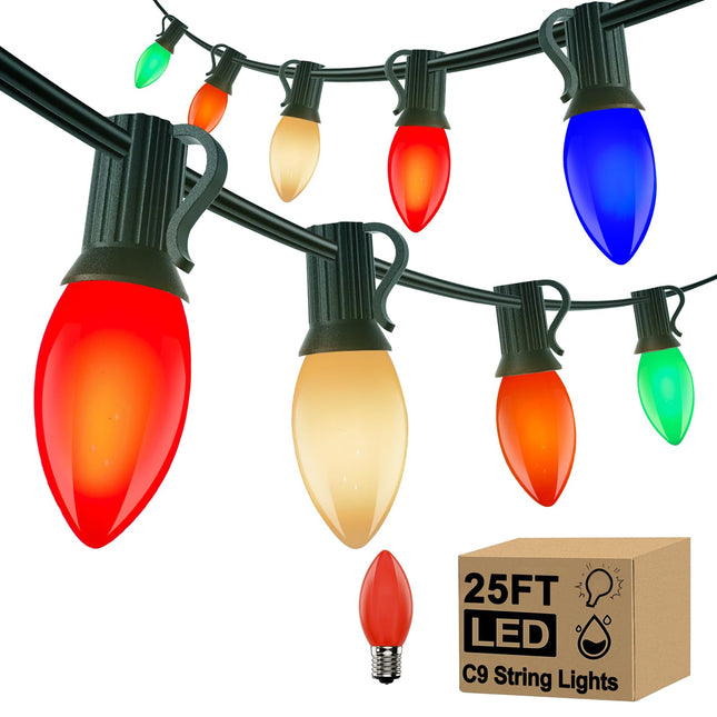 C9 LED Multicolored Christmas Lights, 25Ft Christmas String Lights with 26 Colorful Ceramic LED Bulbs(1 Spare), Hanging Outdoor String Lights for Holidays, Christmas Prom Party Garden Decor
