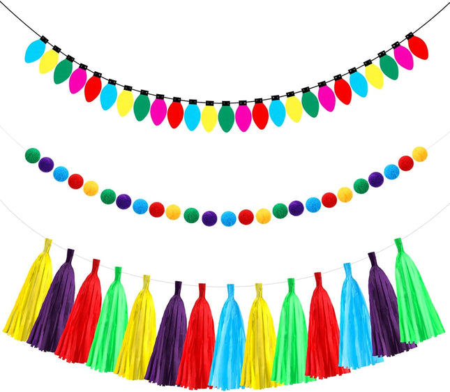 3 Pcs Felt Christmas Garland Colorful Felt Ball Christmas Light Bulb Garland Decor Xmas Rainbow Bulbs Tassels Garland for Home Christmas Tree Wall Party Decorations