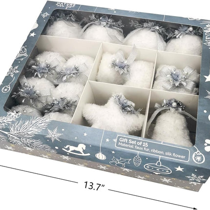 Nature Vibe Set of 18 Faux Fur White Christmas Ornaments in Box,Christmas Balls and Hanging Stars with Silver Accent as Christmas Tree Decorations or Winter Wonderland Decorations