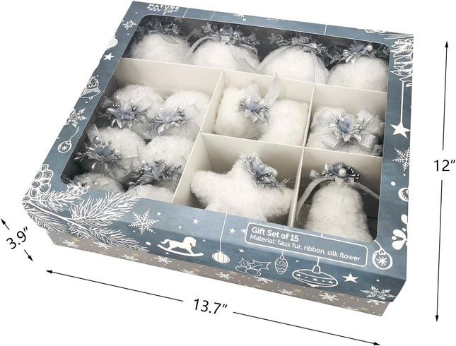 Nature Vibe Set of 18 Faux Fur White Christmas Ornaments in Box,Christmas Balls and Hanging Stars with Silver Accent as Christmas Tree Decorations or Winter Wonderland Decorations