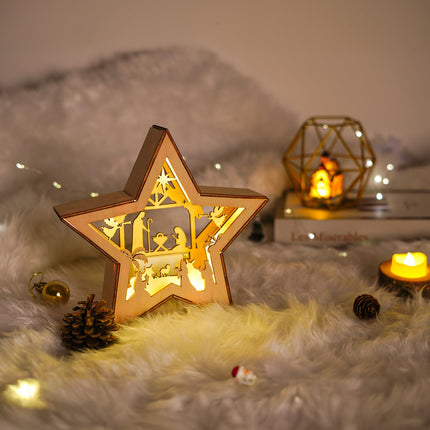 Nativity Christmas Tree Topper Star Lighted, 3D Wooden Star Tree Toppers Christmas Decorations, Christmas Tree Star Topper with Lights for Small Nativity Scene Indoor Christmas Decorations