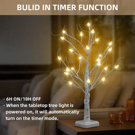 Anycosy Tabletop Birch Christmas Tree, 2Ft 24 LED Warm White Lights Lighted Birch Tree, Battery/USB Operated Artificial Tree Lamp for Indoor Christmas Decorations Mantel Home Decor