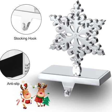 Christmas Stocking Holders, Set of 2 Snowflake & Reindeer Silver Stocking Holder, Weighted Personalized Christmas Stockings Hanger for Mantel, Stocking Hooks for Mantle Fireplace Christmas Decorations