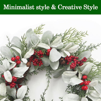 19'' Christmas Wreaths for Front Door, Aesthete Lambs Ear Wreath with Red Berries Pinecone Decor for Indoor Outdoor Christmas Year