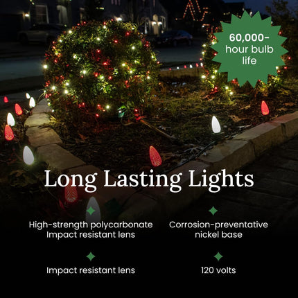 Pro Christmas C9 LED Christmas Lights Kit for Rooflines & Pathways – Cut to Length, Heavy Duty Commercial Grade (Green Wire w/Vampire Plugs, 25 Bulbs, 25 ft) Pure White & Red
