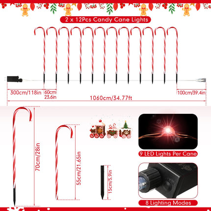 24 Pcs 28 Inch Christmas Candy Cane Lights LED Christmas Pathway Marker 8 Lighting Modes Walkway Stakes Lights with 216 Warm Red Lights for Outdoor Holiday Walkway Patio Garden Yard Lawn Xmas Decor