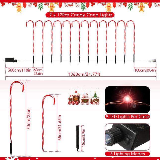 24 Pcs 28 Inch Christmas Candy Cane Lights LED Christmas Pathway Marker 8 Lighting Modes Walkway Stakes Lights with 216 Warm Red Lights for Outdoor Holiday Walkway Patio Garden Yard Lawn Xmas Decor