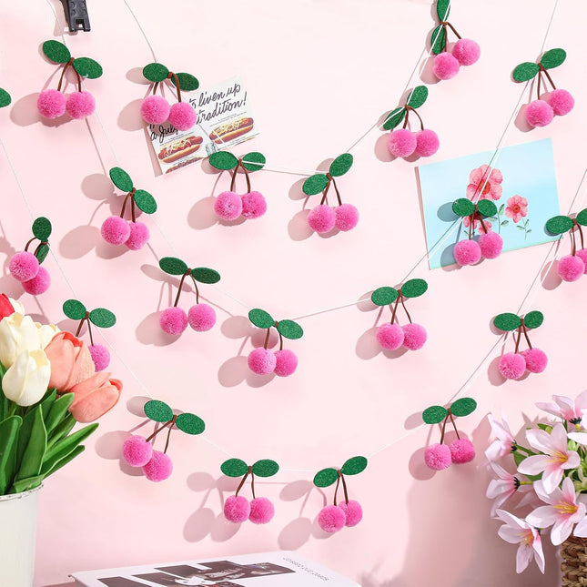 Jexine 3 Pieces Cherry Garland Decoration Christmas Cherries Birthday Decoration Christmas Pompom Felt Bunting Cherries 6.6 Ft Garland Colorful DIY Fruit Hanging for Baby Birthday Wedding(Pink)