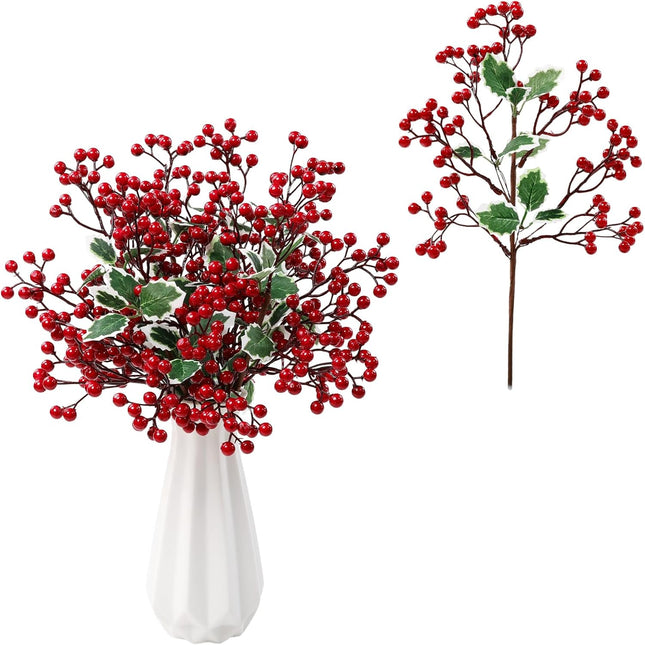 SHACOS 6pcs 14" Red Berry Stems Christmas Holly Berry Branches Green Leaves Stems for Vases Red Berry Picks Xmas s Christmas Tree Decoration Wreath Ornaments DIY Crafts Holiday Home Decor
