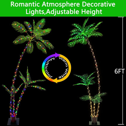 6FT Lighted Artificial Palm Tree with Three Trunks and 260 LED Lights with Remote Control and App Waterproof for Tiki Bars, Patios,Beaches,Yards Pool, Cruise Party-Warm White to Multicolor