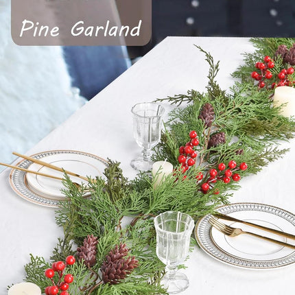 6ft Pine Christmas Garland Decoration, Artificail Pine Leaves Red Berry Garland Christmas with Pine Cones Home Decoration for Winter Holiday Mantel Table Centerpiece (Light Green)