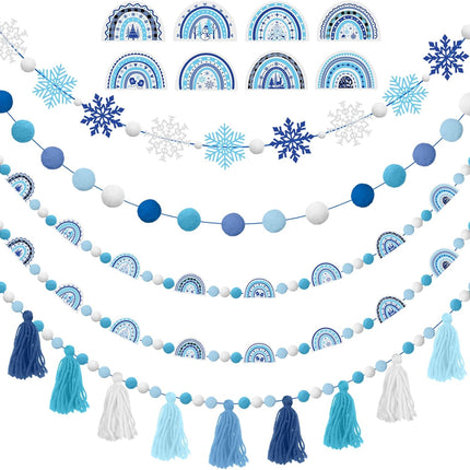 Sumind 5 Pcs Thanksgiving Tassel Garland Fall Pom Pom Garland Decorations Winter Rainbow Felt Ball Garland Banner for Classroom Home Xmas Holiday Party Supplies(Snowflake)