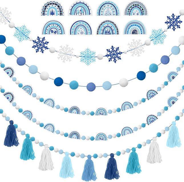 Sumind 5 Pcs Thanksgiving Tassel Garland Fall Pom Pom Garland Decorations Winter Rainbow Felt Ball Garland Banner for Classroom Home Xmas Holiday Party Supplies(Snowflake)