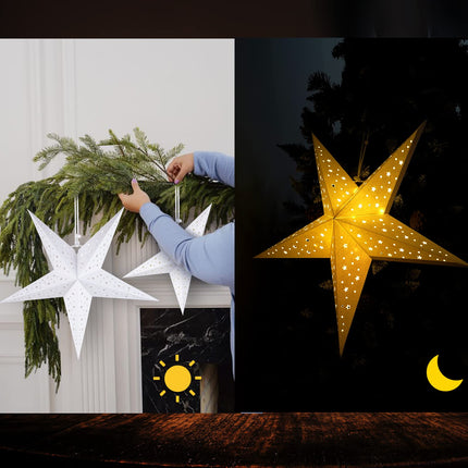 HOUÍSM Paper Star Lantern with 3PCS Fairy String Lights(30LED/1.5M), 3PCS White Star Moon Cut-Out Paper Star Lantern with 3 Sizes- 30/40/50cm for Indoor Outdoor Room Wedding Christmas Party Decor