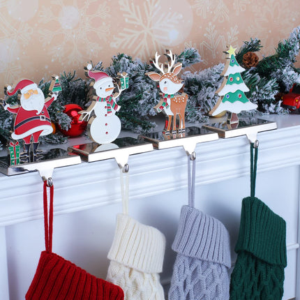 Baseo Stocking Holders Set of 4 Metal Christmas Stocking Hangers for Fireplace-Xmas Deer Snowman Tree Santa Stocking Holder for Mantel-Mantel Hooks/Clips for Stocking Fireplace Topper