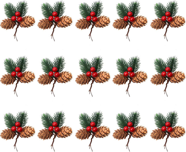 15 Pcs Artificial Pine Cone Picks and Red Berry,Mini Artificial Pine Tree for Christmas Party Flower Wreaths and Holiday Decorations